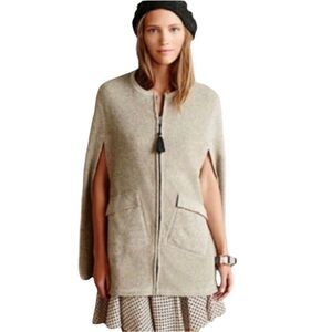 Wool-Blend Taupe Cape Coat with Front Zip